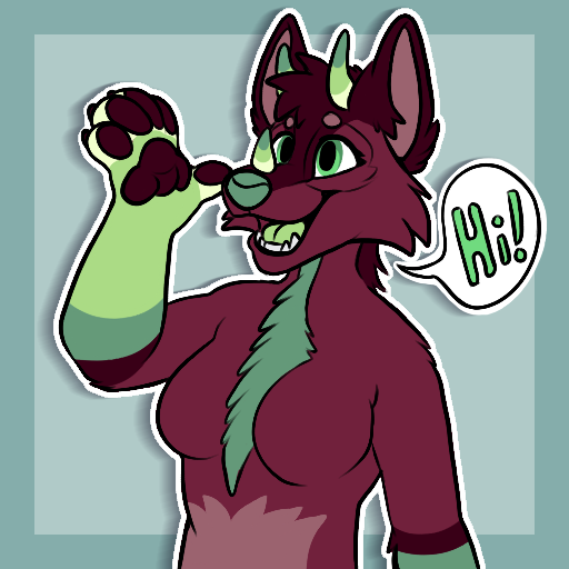 A digital artwork of an anthro, red and green chameleon-wolf hybrid waving and saying hi!